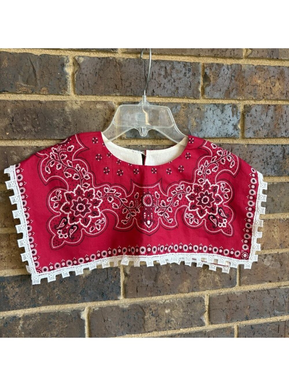 Red Bandana Print Western Collar, Button Closure Crochet Lace Trim Hand Made